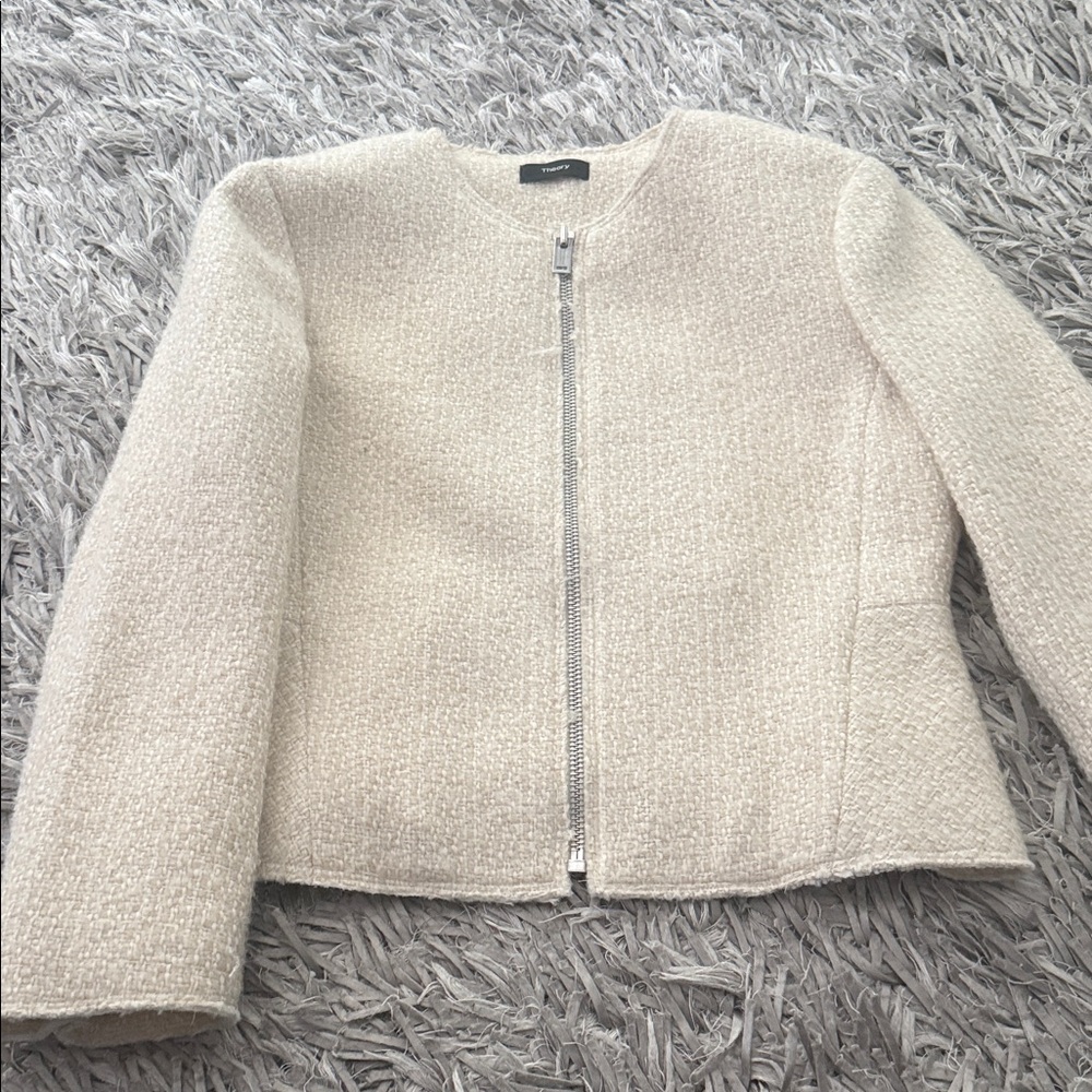 Theory Cream Tweed Zip-Front Jacket